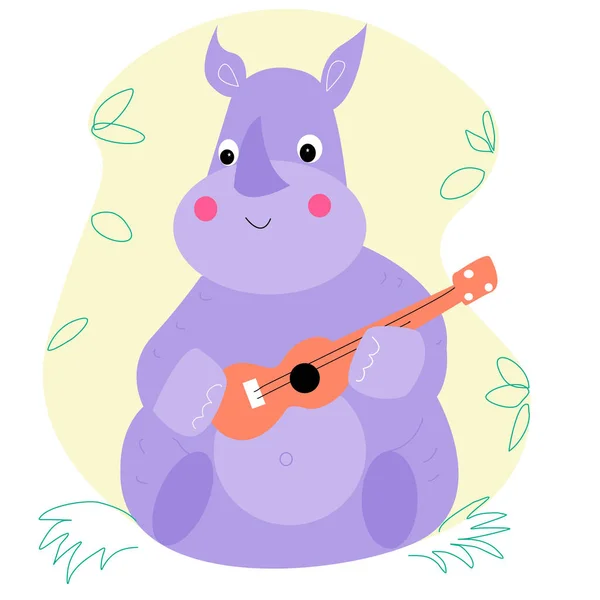 Rinoceronte Está Sentado Con Una Guitarra Una Gorra — Archivo Imágenes Vectoriales