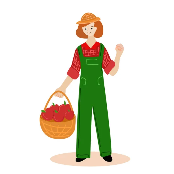 一个女人穿着工作服 提着一篮子苹果在花园里 — 图库矢量图片