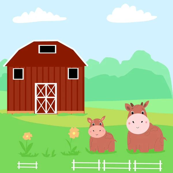 Bauernhof Mit Kühen Auf Dem Feld — Stockvektor