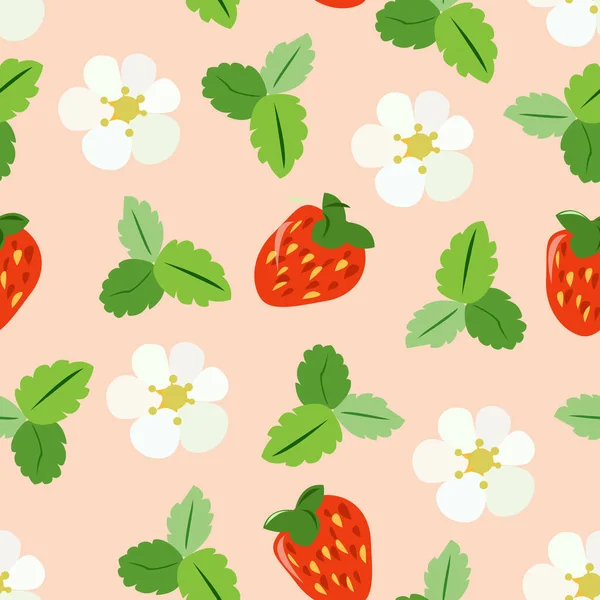 Motif sans couture avec fraises, fleurs et feuilles. — Image vectorielle