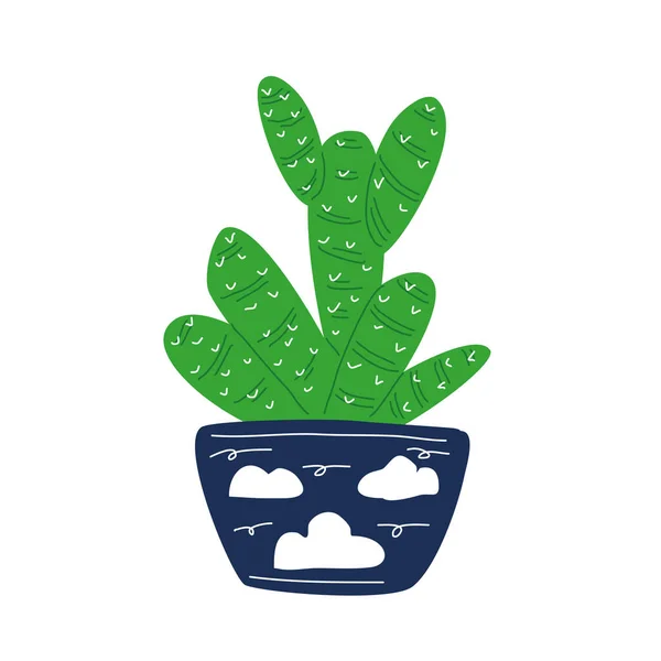 Zelený Kaktus Modrém Hrnci Malovanými Mraky — Stockový vektor
