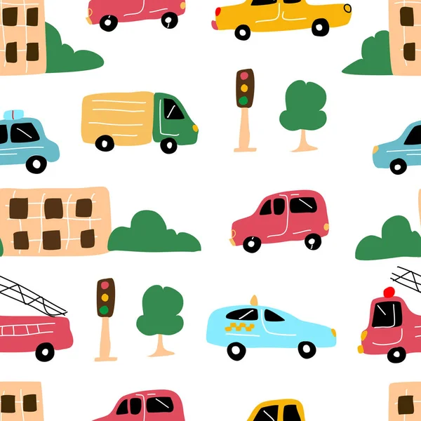 Renkli şehir arabaları ve evleri olan pürüzsüz bir desen.. — Stok Vektör