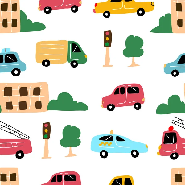 Seamless pattern with colorful city cars and houses.