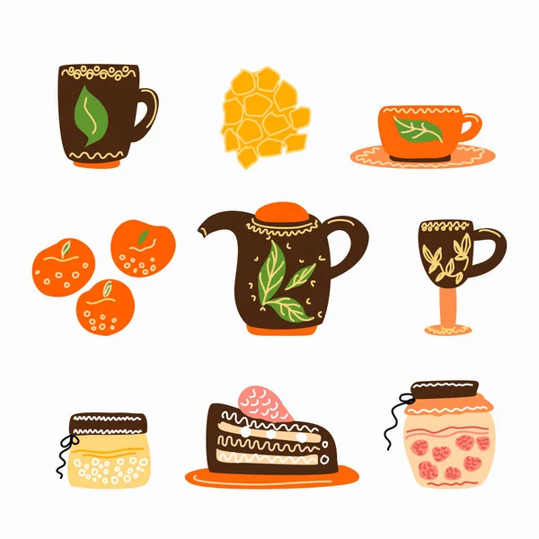 Set Cups Autumn Food Cakes Fruits Grafika Wektorowa