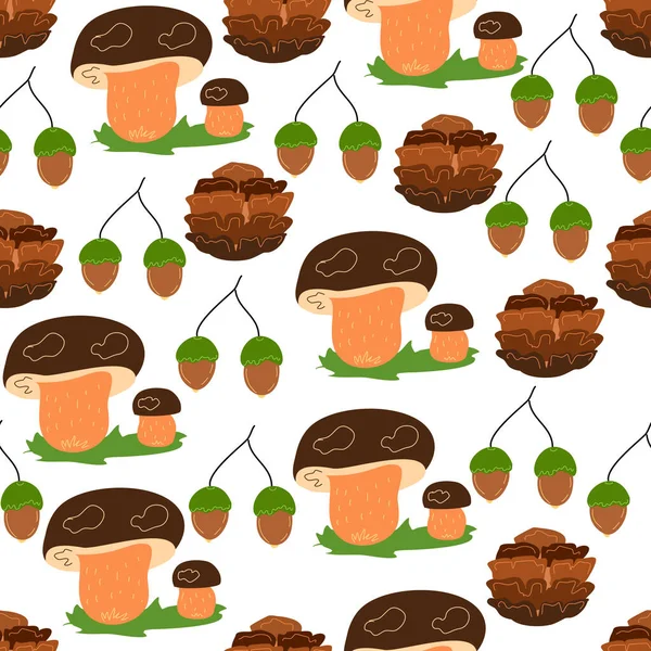 带蘑菇 球果和橡果的无缝图案 — 图库矢量图片