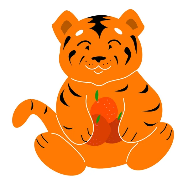 Cachorro Tigre Rojo Con Mandarinas Las Patas Infantil Lindo Personaje — Archivo Imágenes Vectoriales