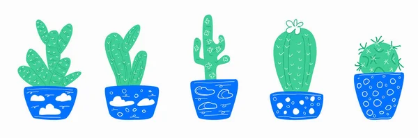Zestaw Zielonych Kaktusów Niebieskich Doniczkach — Wektor stockowy