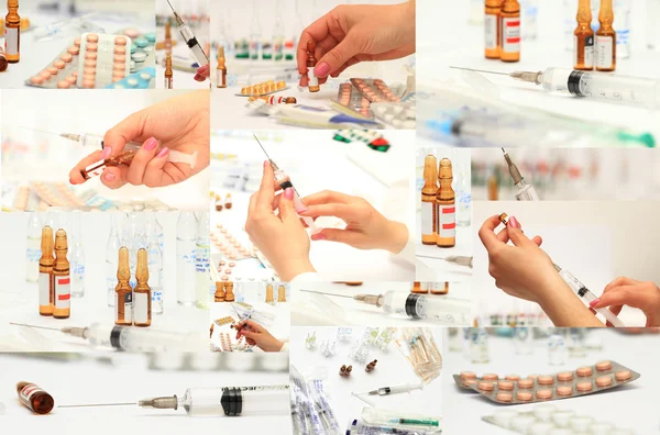 Medical bottles and pills on shelf — Stock Photo, Image