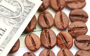 One hundred dollar bill made of coffee beans isolated over white background