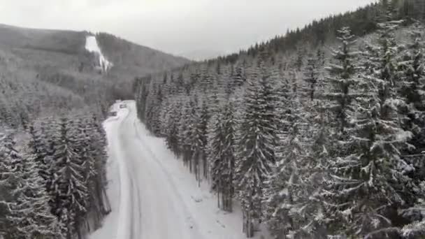 Luftaufnahme einer schneebedeckten Straße in den ländlichen Karpaten — Stockvideo