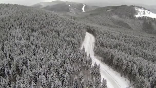 Colpo Aereo Di Strada Coperta Di Neve Nella Campagna Montagne Carpatiche — Video Stock