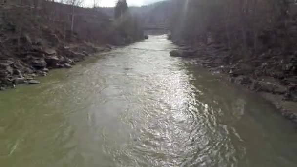 Luchtfoto van bronwater stoom op bergen rivier — Stockvideo