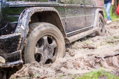 SUV ormanda, off-road çamur içinde sıkıştı