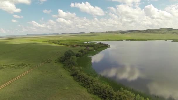 Aerial view of in the steppe with lake of Kazakhstan — Stock Video