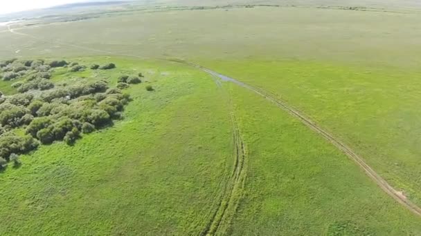 Вид с воздуха на степь с автомобильной дороги Казахстана — стоковое видео