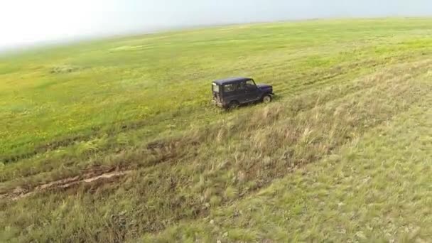 Вид с воздуха на степной внедорожник на дороге — стоковое видео