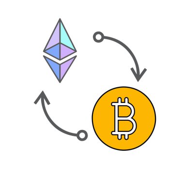 Beyaz zemin üzerinde izole edilmiş Bitcoin 'den Ethereum' a düz para değişim simgesi.