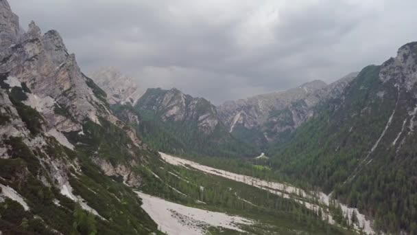 森林和泥石流覆盖的高山的空中景观 — 图库视频影像