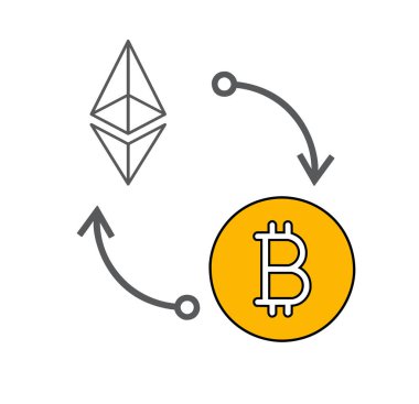 Beyaz zemin üzerinde izole edilmiş Bitcoin 'den Ethereum' a düz para değişim simgesi.
