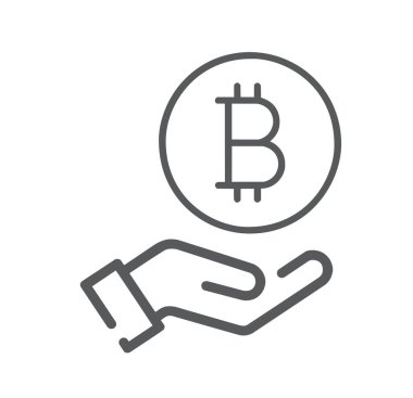 Beyaz arkaplanda Bitcoin simgesini tutan düz el.