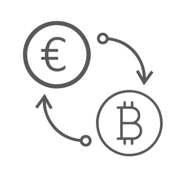 Beyaz arkaplanda izole edilmiş Avro 'dan Bitcoin' e düz döviz simgesi.