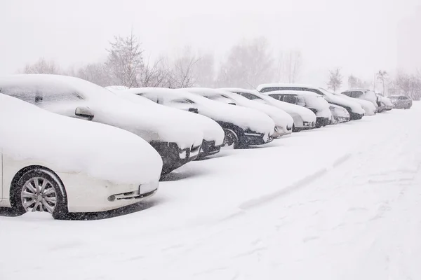 Snow-covered cars during a snowfall — Stock Photo, Image