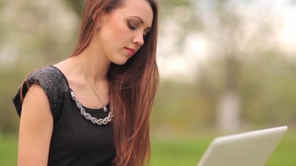 Menina se comunica via Internet com notebook sobre a natureza — Vídeo de Stock