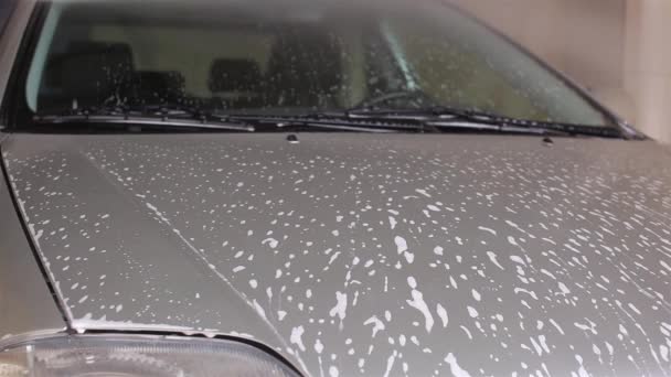 Man wast de zilveren auto borstel met shampoo — Stockvideo