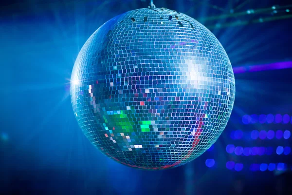 Bleu mirror ball rolling in the night club — Stock Photo, Image