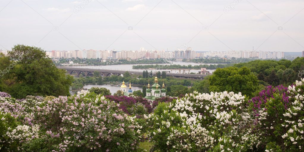 View on Vydubitsky monastery and left bank of the Dnieper. Kiev, Ukraine