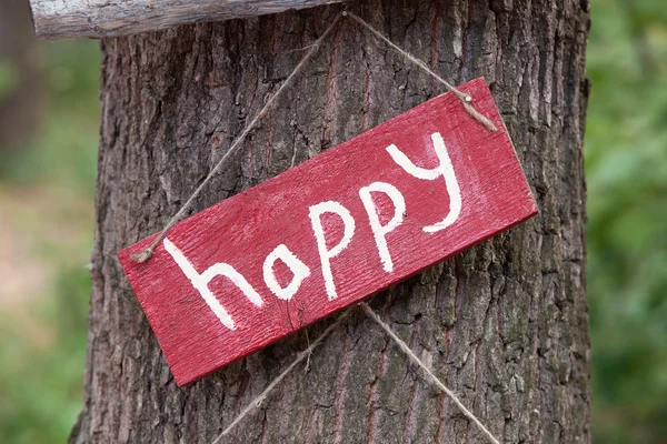 A wooden plaque with the word happy — 스톡 사진