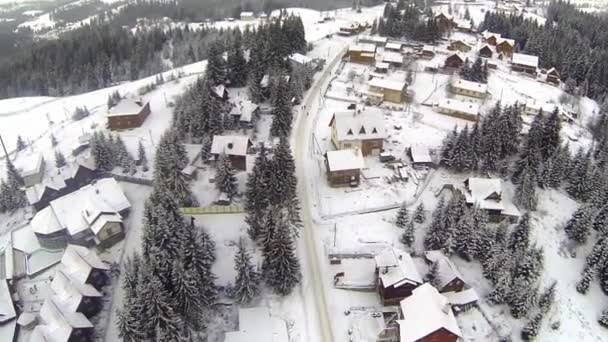 Luchtfoto van dorp in de Karpaten op wintertijd — Stockvideo