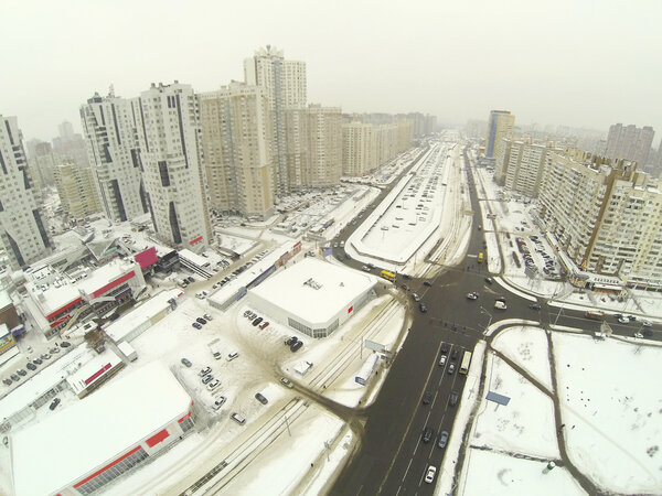 Aerial view of the road in Kiev at winter.