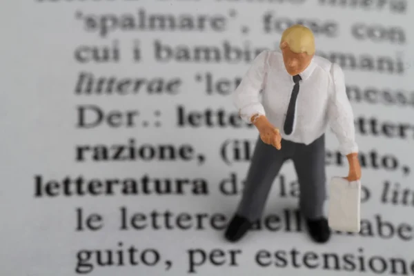 Miniature Figurine Teacher Giant Italian Book — Stock Photo, Image