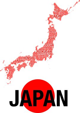 Japonya Haritası vektör etiket bulut resimde beyaz zemin üzerine kırmızı kelimelerle
