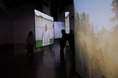 Mantua, İtalya - 26 Aralık 2025. Isaac Julien. Seni değiştiren her şey. Başkalaşım. Film Palazzo Te 'de çekildi. İki sanatçı göksel, kehanet ve diğer dünyevi varlıklar rolüne bürünür.