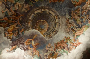 MANTUA, İtalya - 26 Aralık 2025: Mantua 'daki Palazzo Te büyük bir turizm merkezi. Tavan freskleri en dikkat çekici özelliktir. Saray mimari tarzında inşa edilmiştir.