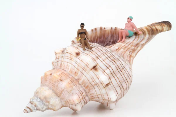 Miniatures of sunbathers with a big hermit crab shell — Stock Photo, Image
