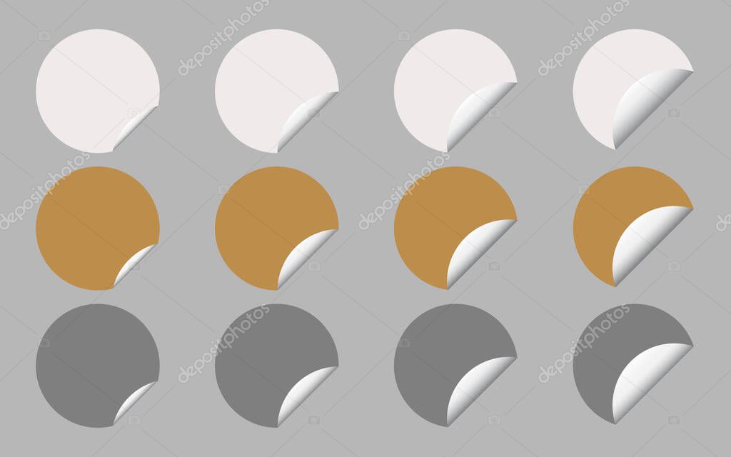 Vector Set of White, Gold and Silver Round Banner or Label with Curled Edge, Copy Space for Add Content and Text.