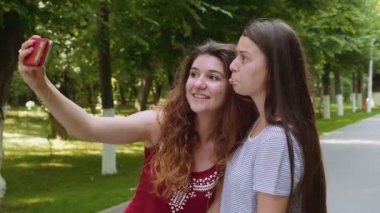 Mutlu arkadaş selfie smartphone ile parkta alarak