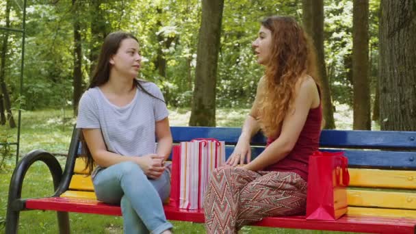 Two beautiful young women chatting in the park — Stock Video