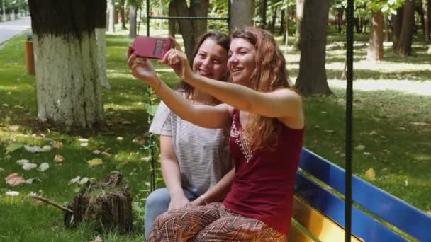 Chicas felices tomando selfie con el teléfono inteligente en un banco en el parque — Vídeos de Stock