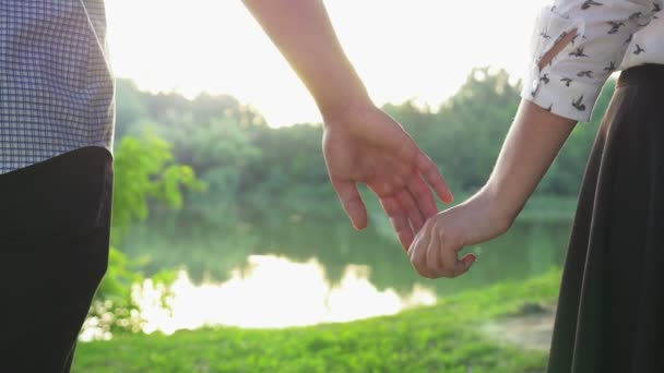 Close-up of couple holding hands at sunset and walking together — Stock Video