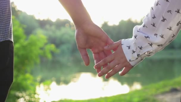 Primer plano de la pareja tomados de la mano al atardecer y caminando juntos — Vídeos de Stock