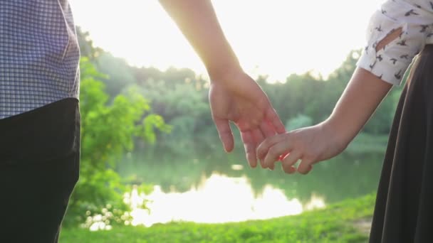 Primer plano de la pareja tomados de la mano al atardecer y caminando juntos — Vídeos de Stock