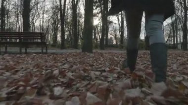 Genç kadın sonbahar yaprakları bir arka sokakta parkta yürürken