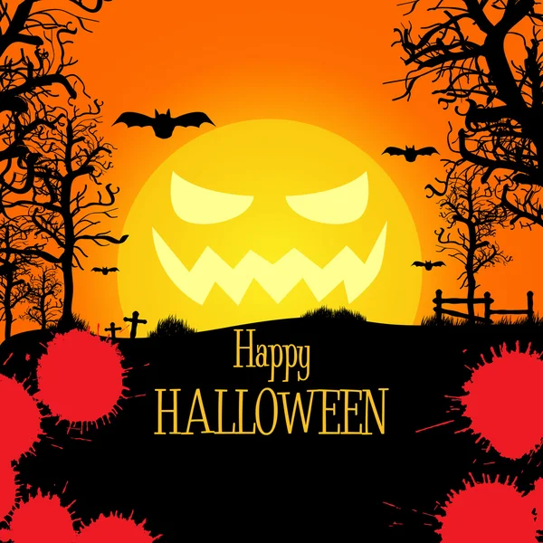 Vector halloween fondo con luna malvada y murciélagos — Vector de stock