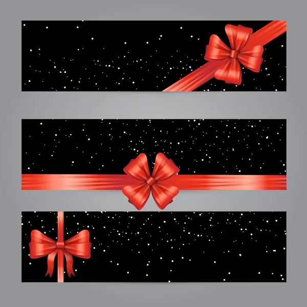 Cute vector banner set with bows and ribbons on snowy black back — Stock Vector