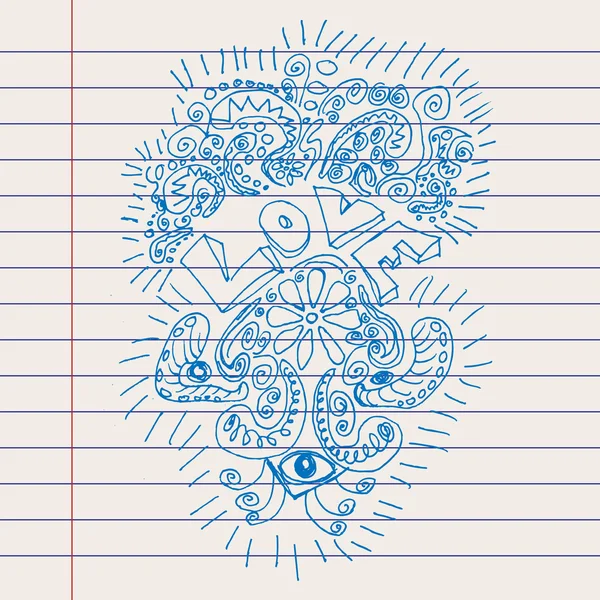 Illustrazione dell'amore hippie disegnato a mano vettoriale su carta foderata — Vettoriale Stock
