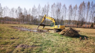 Sarı kazıcı, güneşli bir bahar gününde, 16x9 kırsal kesimde aşırı gelişmiş bir göleti temizler.